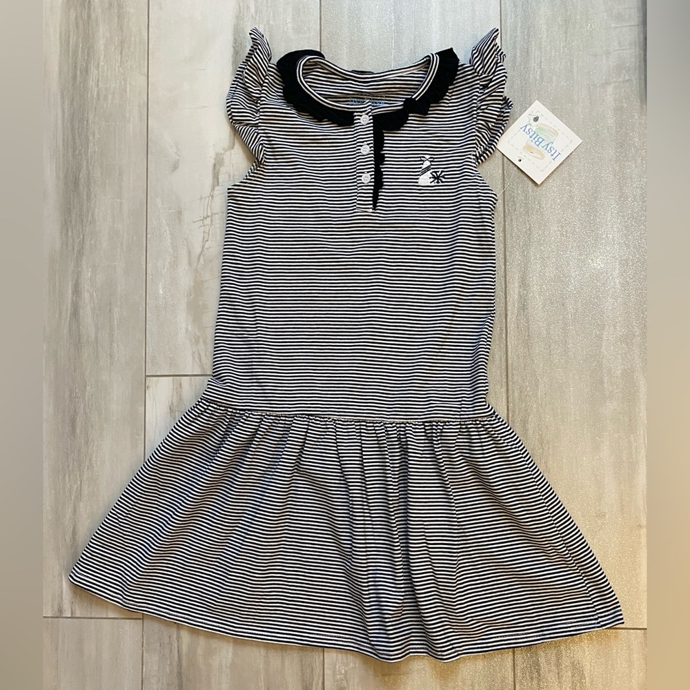 NWT Itsy Bitsy Black and White Stripe Flutter Sleeve Drop Waist Dress Girls 10